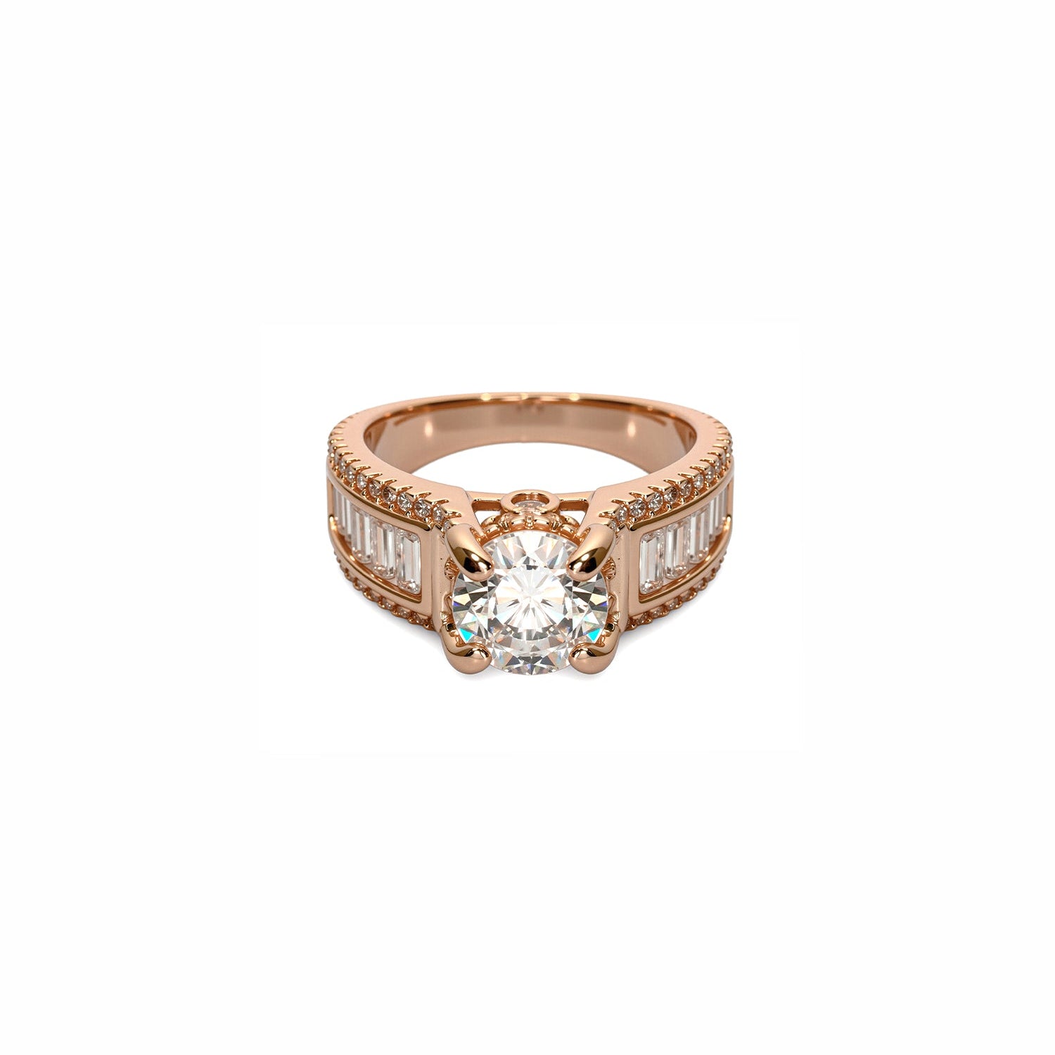 Round-Cut Diamond Ring with Baguette and Pavé Accents – Statement Multi-Stone Design