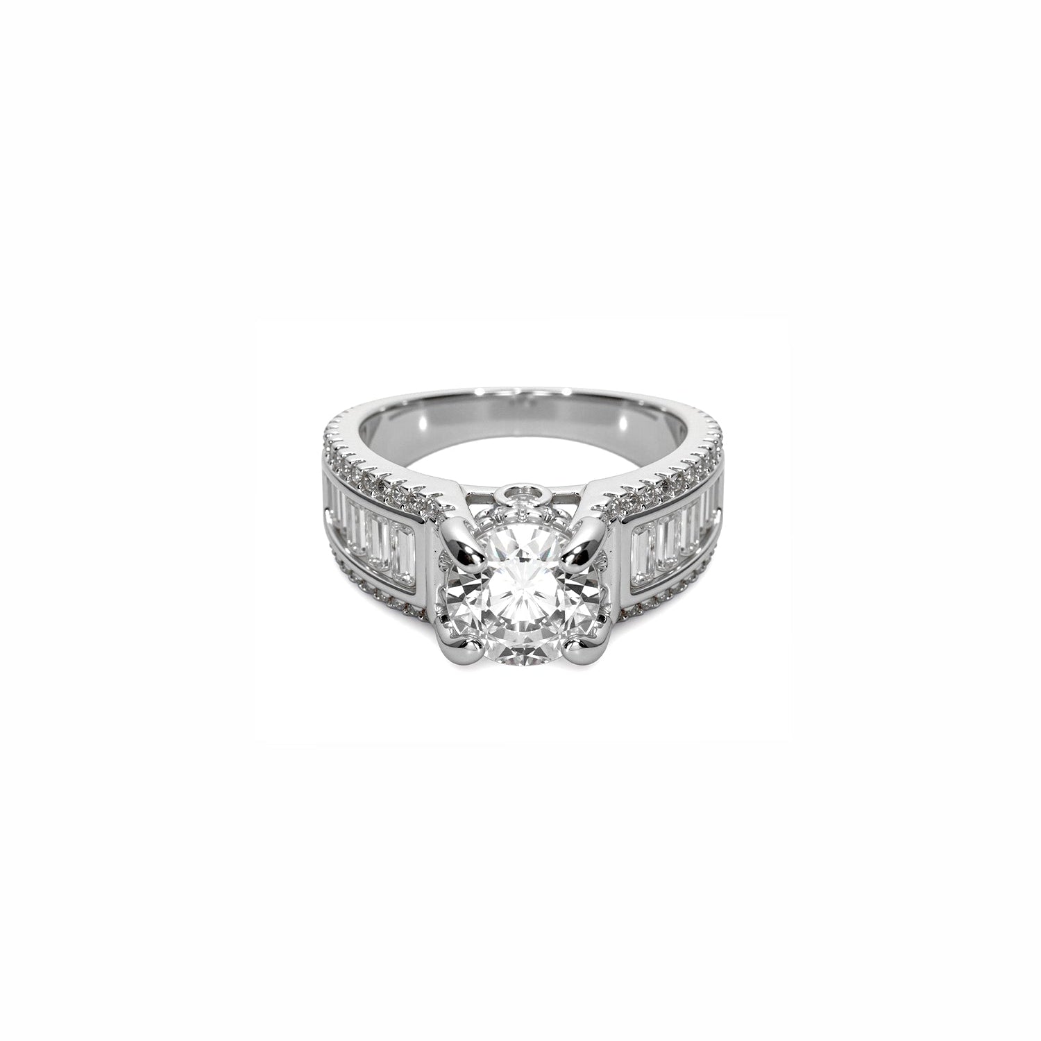 Round-Cut Diamond Ring with Baguette and Pavé Accents – Statement Multi-Stone Design