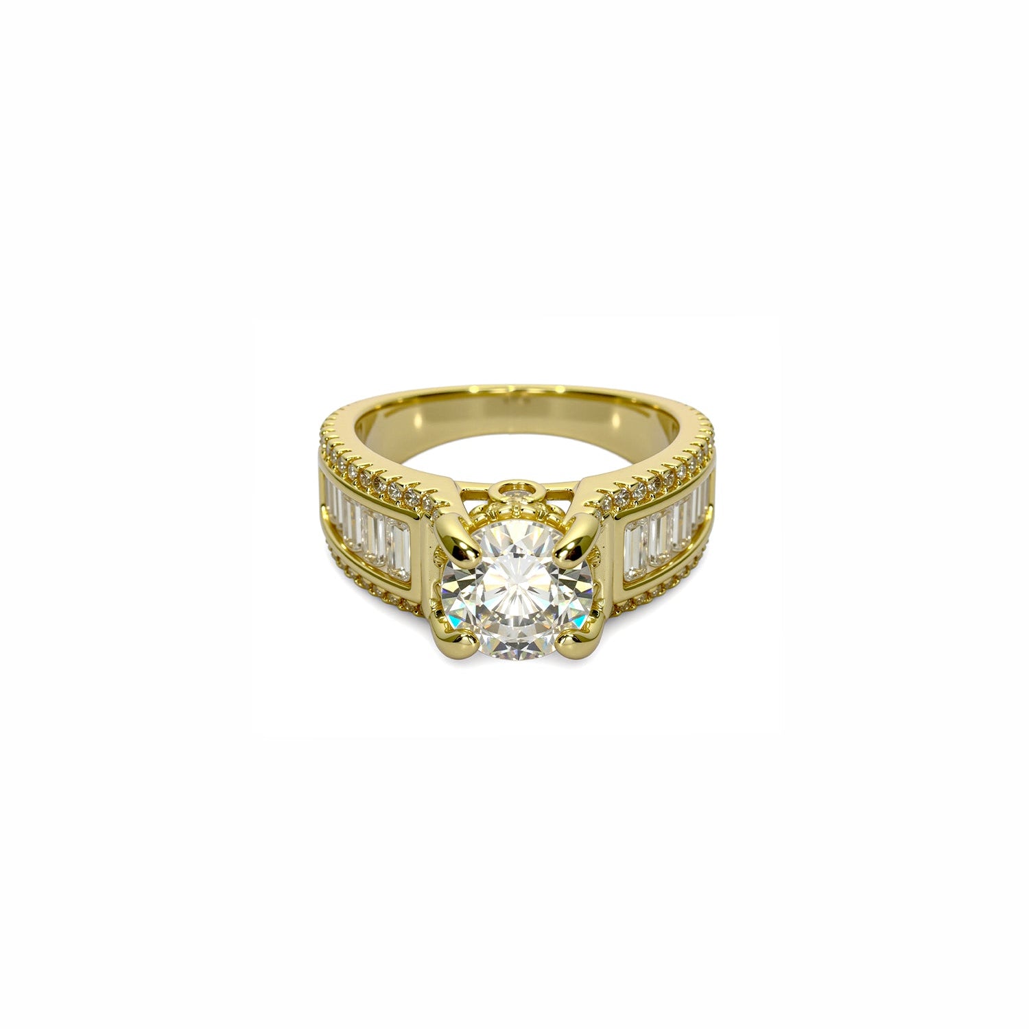 Round-Cut Diamond Ring with Baguette and Pavé Accents – Statement Multi-Stone Design