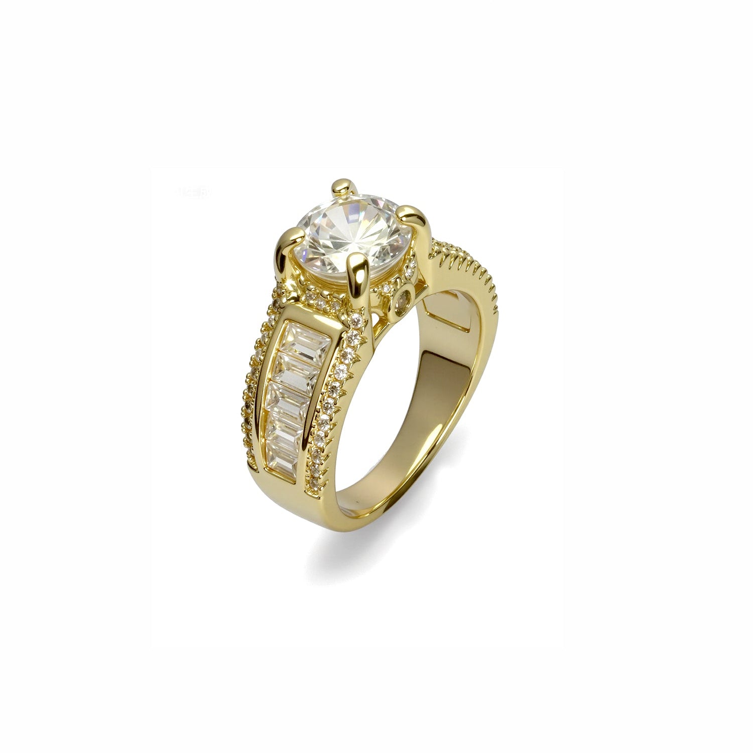 Round-Cut Diamond Ring with Baguette and Pavé Accents – Statement Multi-Stone Design