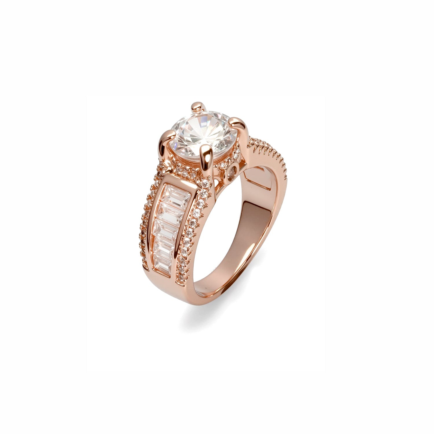 Round-Cut Diamond Ring with Baguette and Pavé Accents – Statement Multi-Stone Design