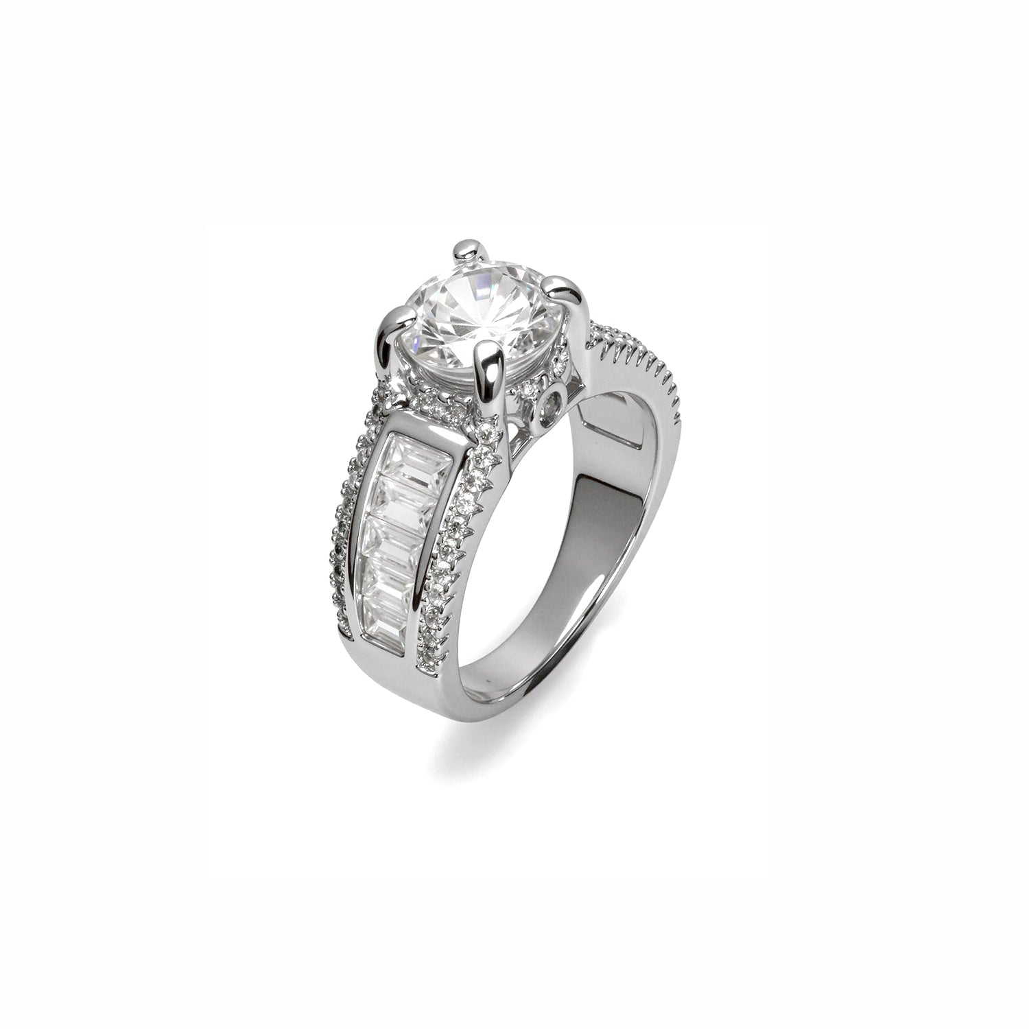 Round-Cut Diamond Ring with Baguette and Pavé Accents – Statement Multi-Stone Design