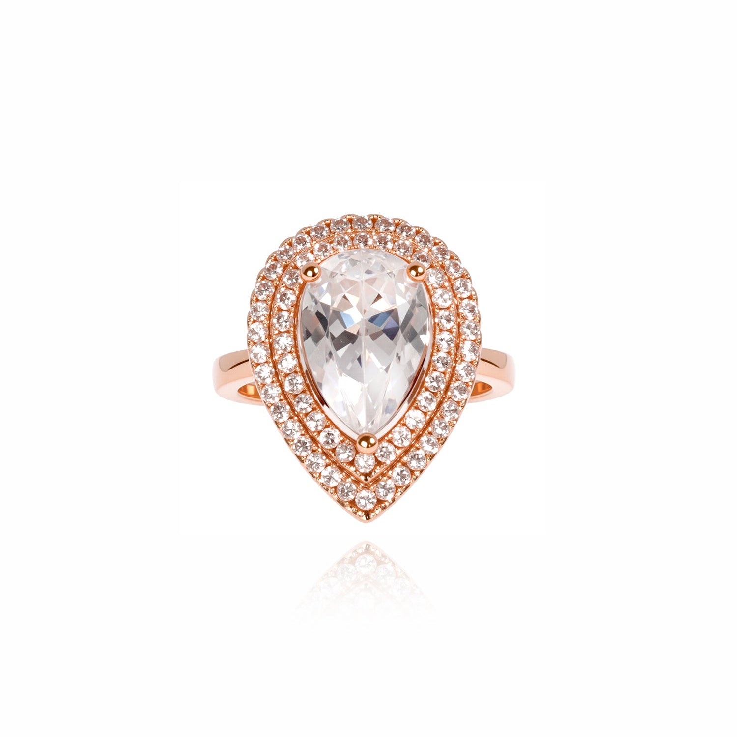 Pear-Shaped Halo Diamond Ring with Double Pavé
