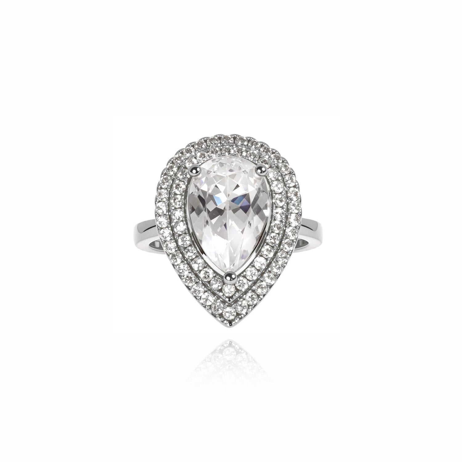 Pear-Shaped Halo Diamond Ring with Double Pavé