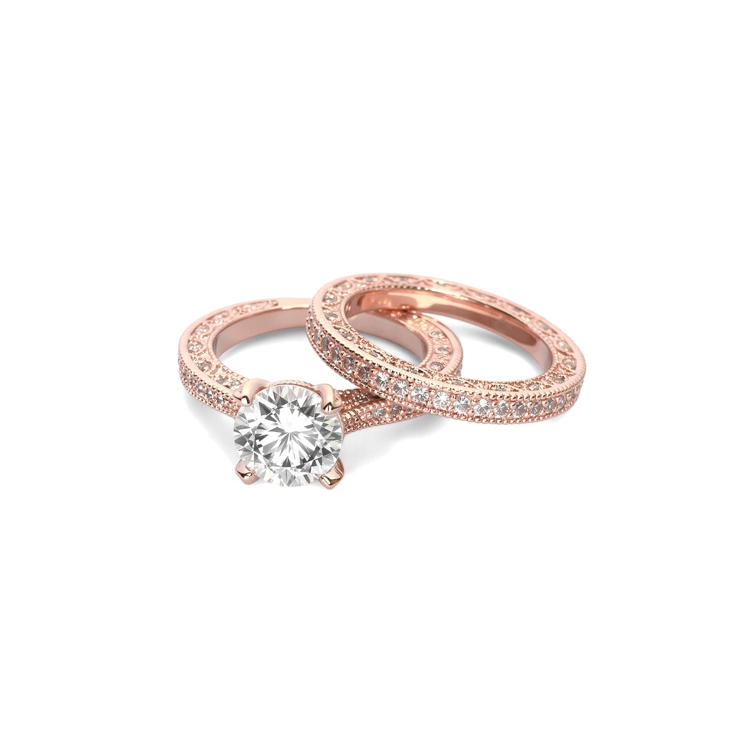 Round-Cut Diamond Bridal Ring Set – Engagement Ring with Matching Pavé Band