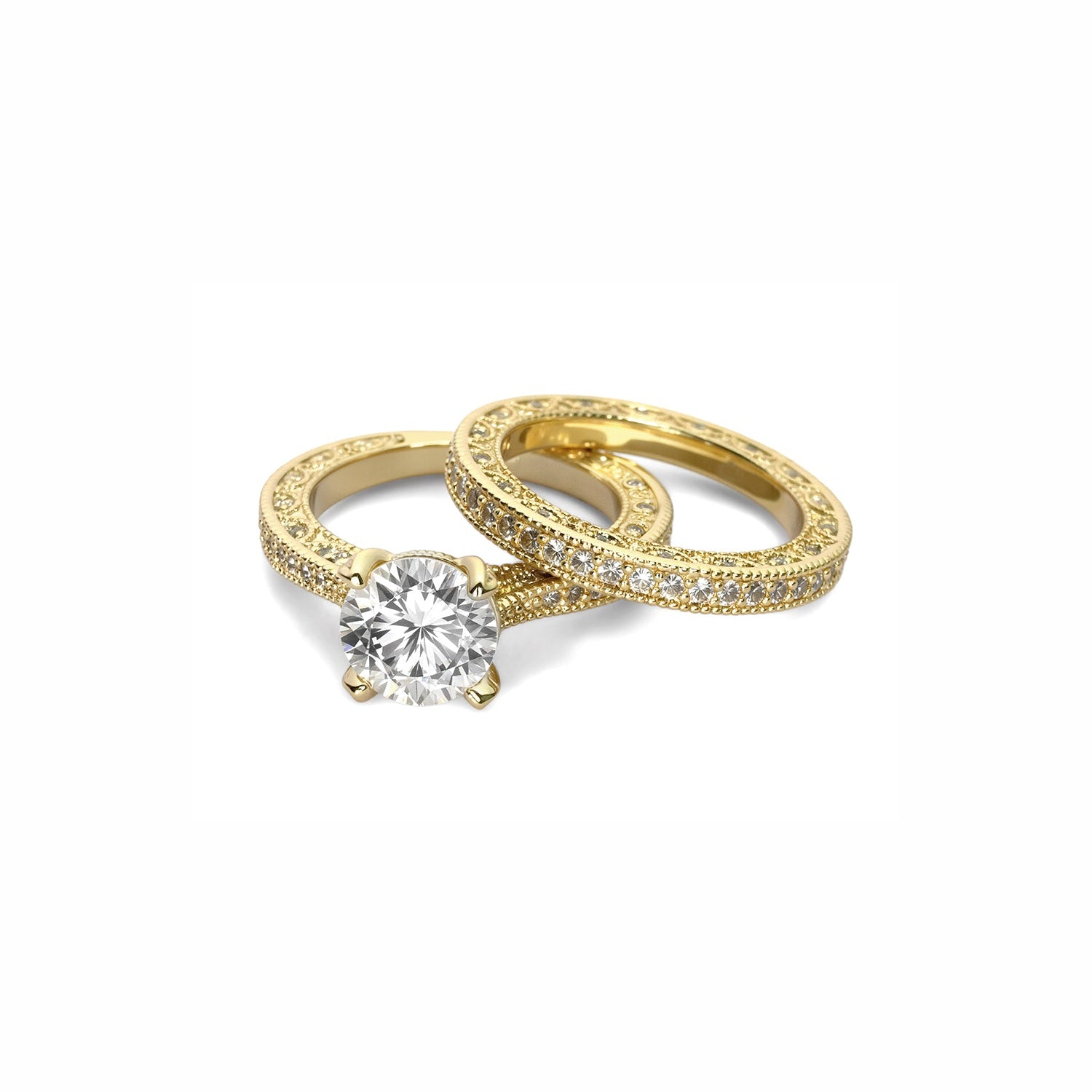 Round-Cut Diamond Bridal Ring Set – Engagement Ring with Matching Pavé Band