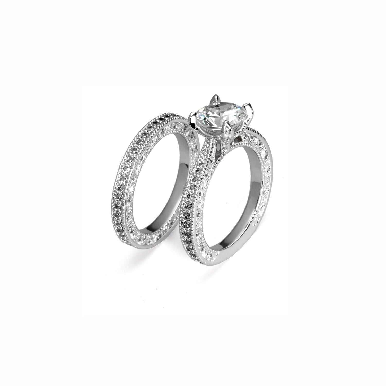 Round-Cut Diamond Bridal Ring Set – Engagement Ring with Matching Pavé Band
