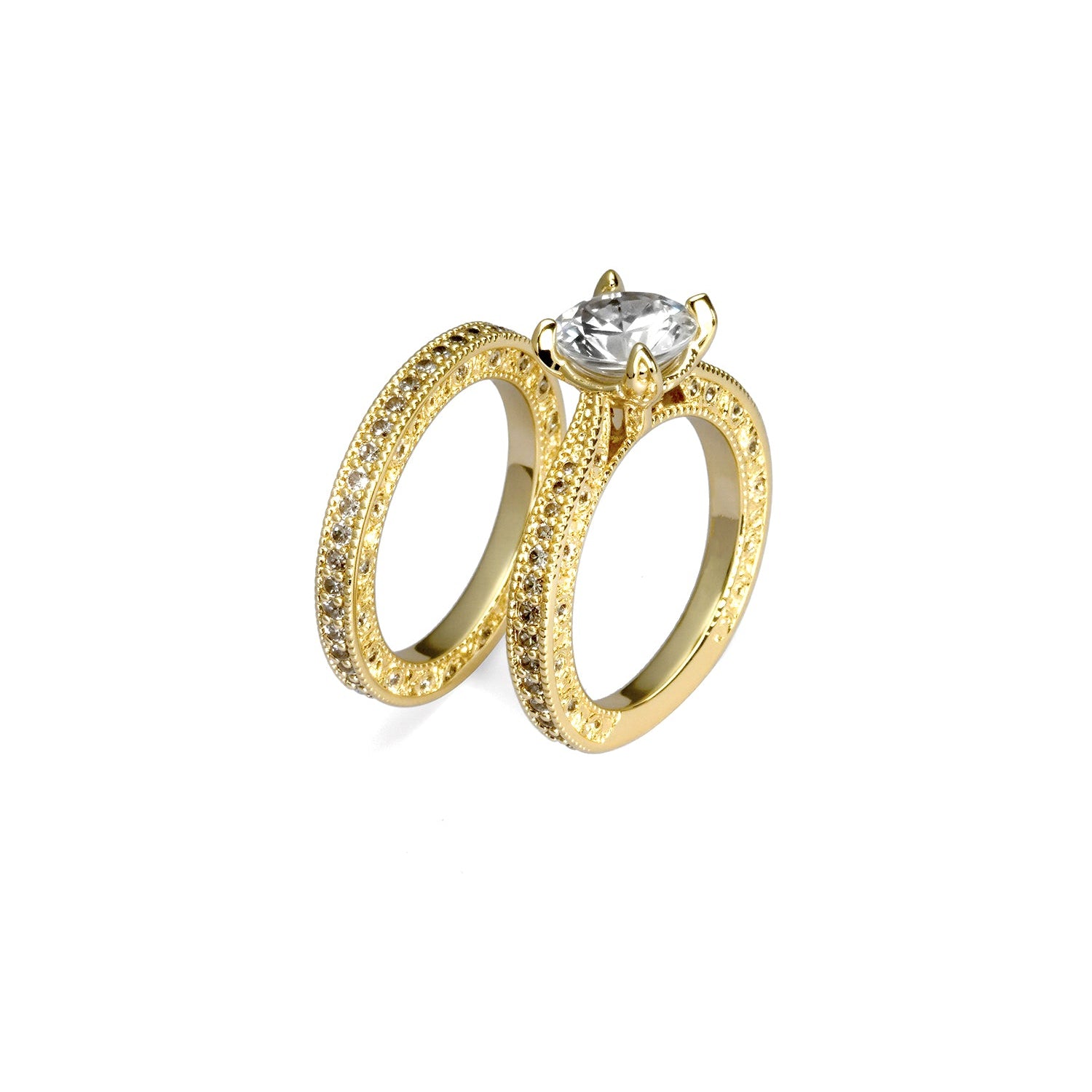 Round-Cut Diamond Bridal Ring Set – Engagement Ring with Matching Pavé Band