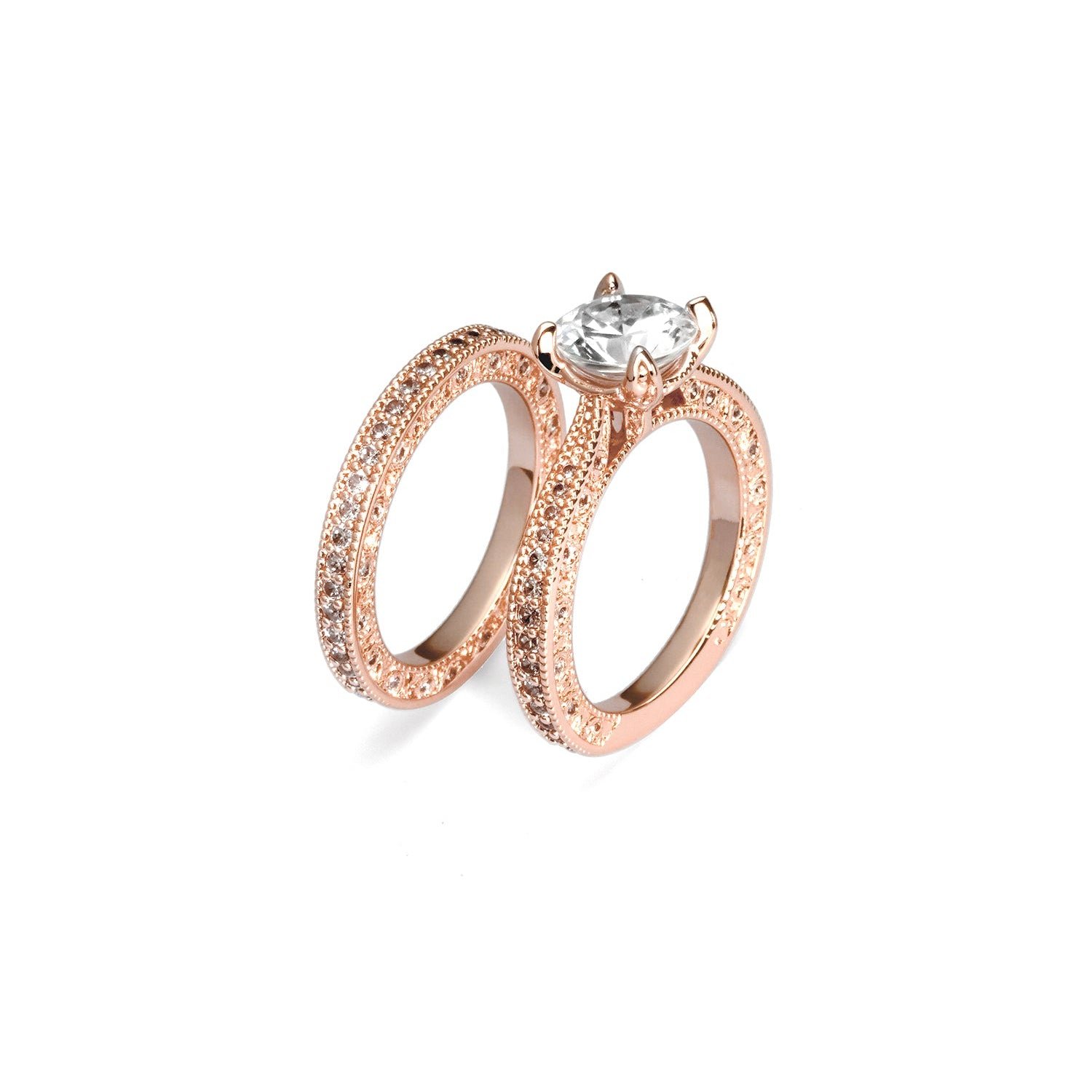Round-Cut Diamond Bridal Ring Set – Engagement Ring with Matching Pavé Band