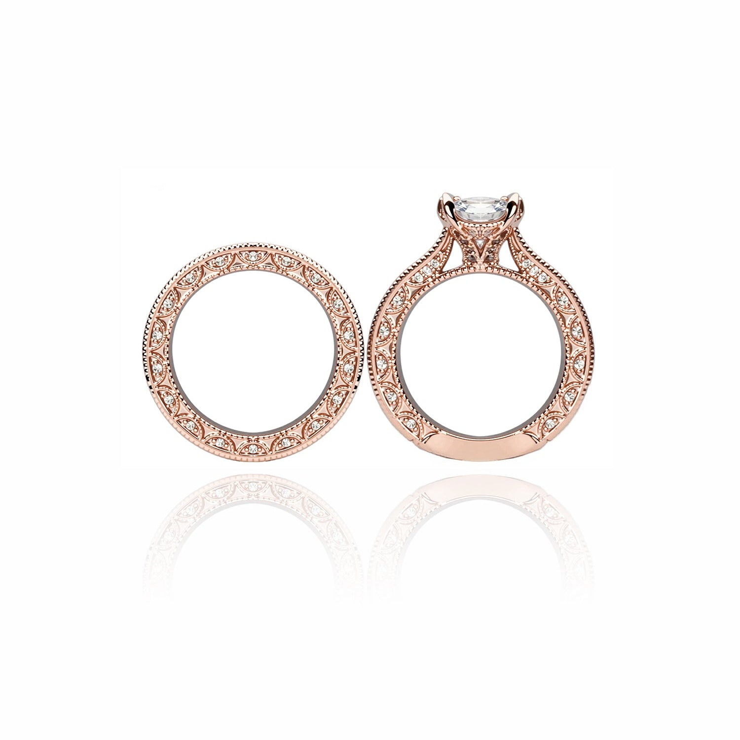 Round-Cut Diamond Bridal Ring Set – Engagement Ring with Matching Pavé Band