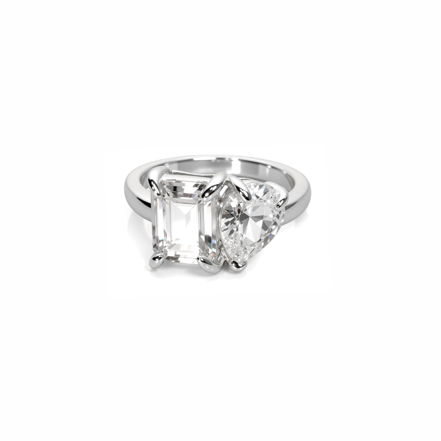 Two-Stone Diamond Ring – Emerald-Cut and Pear-Shaped Duo in Modern Prong Setting