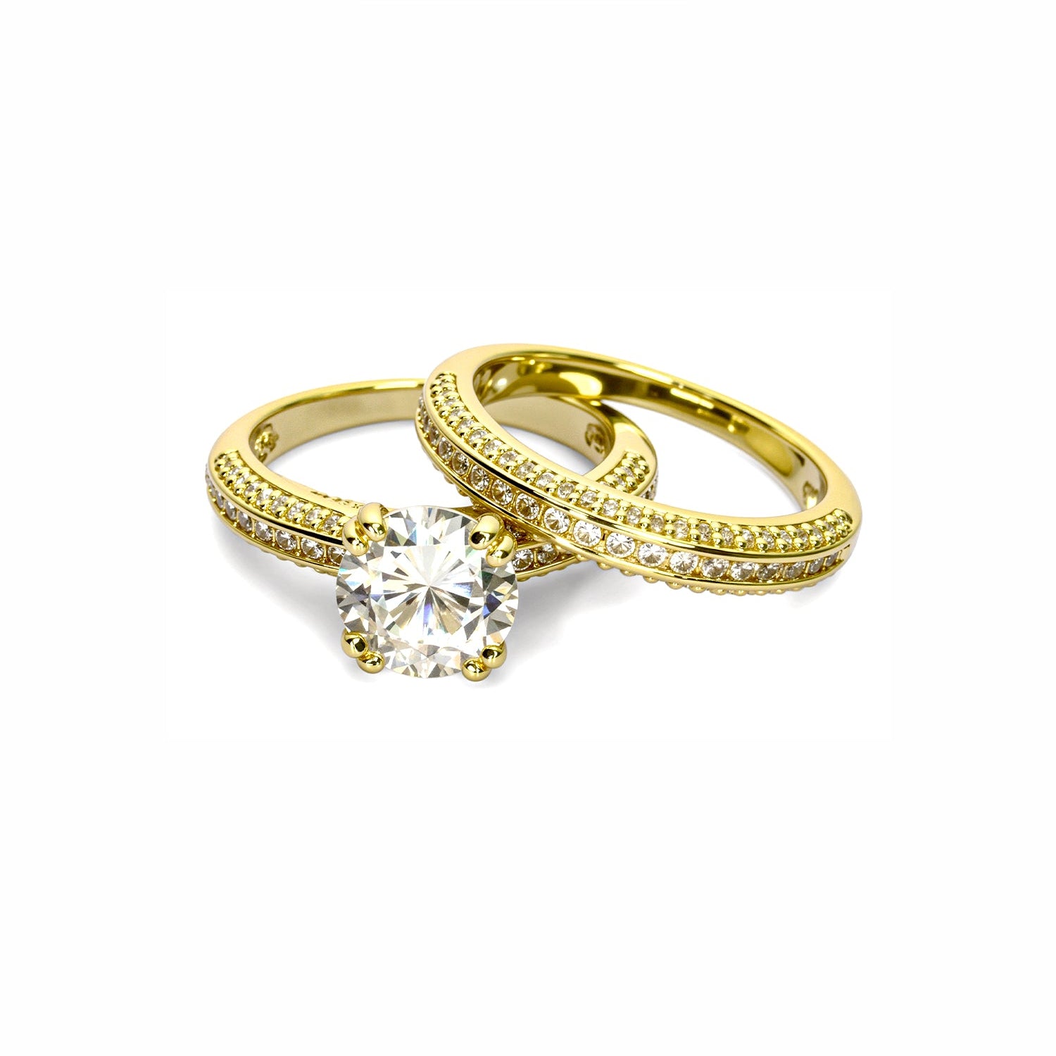 Gold Bridal Ring Set with Pavé Band