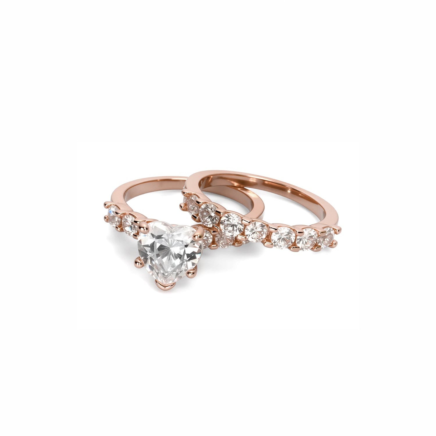 Heart-Shaped Diamond Ring Set – Solitaire Engagement Ring with Matching Pavé Band