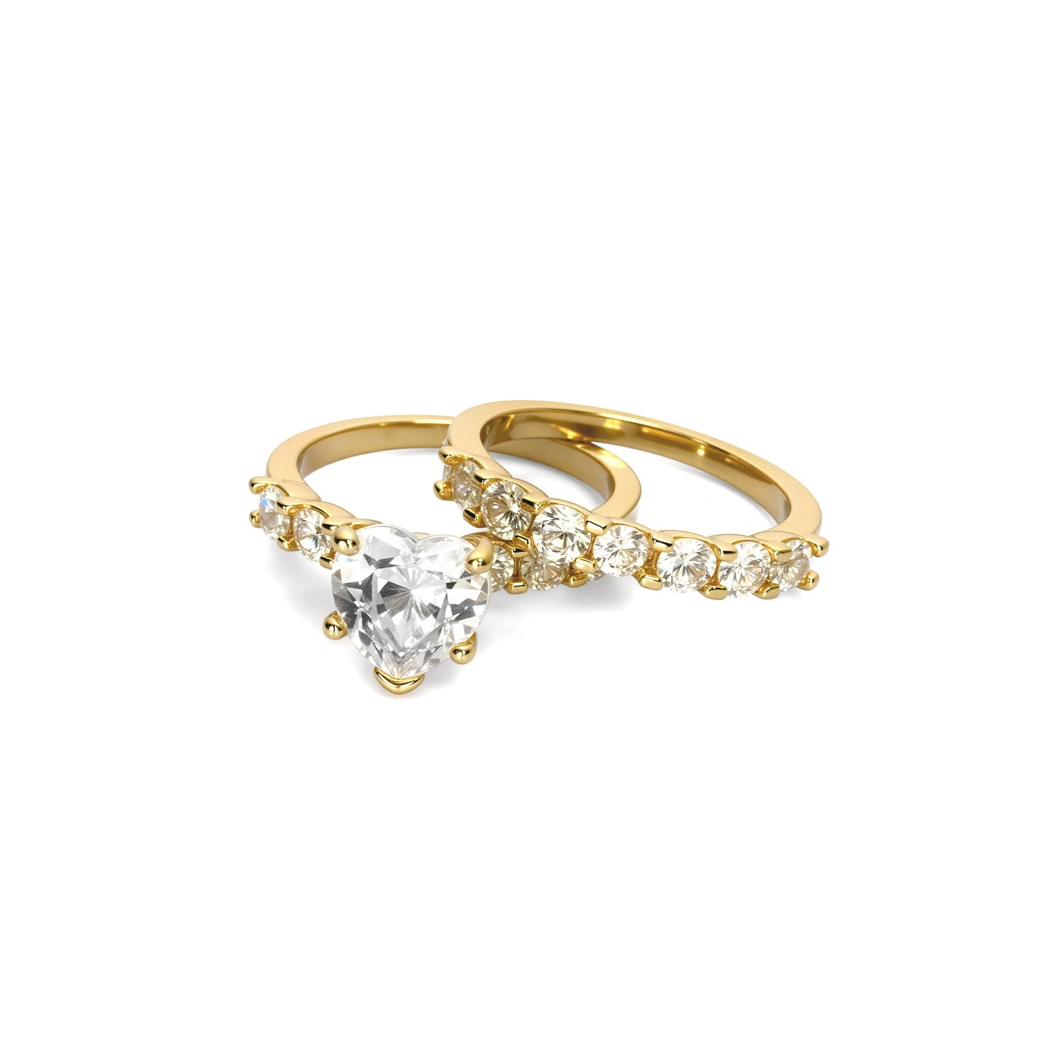 Heart-Shaped Diamond Ring Set – Solitaire Engagement Ring with Matching Pavé Band