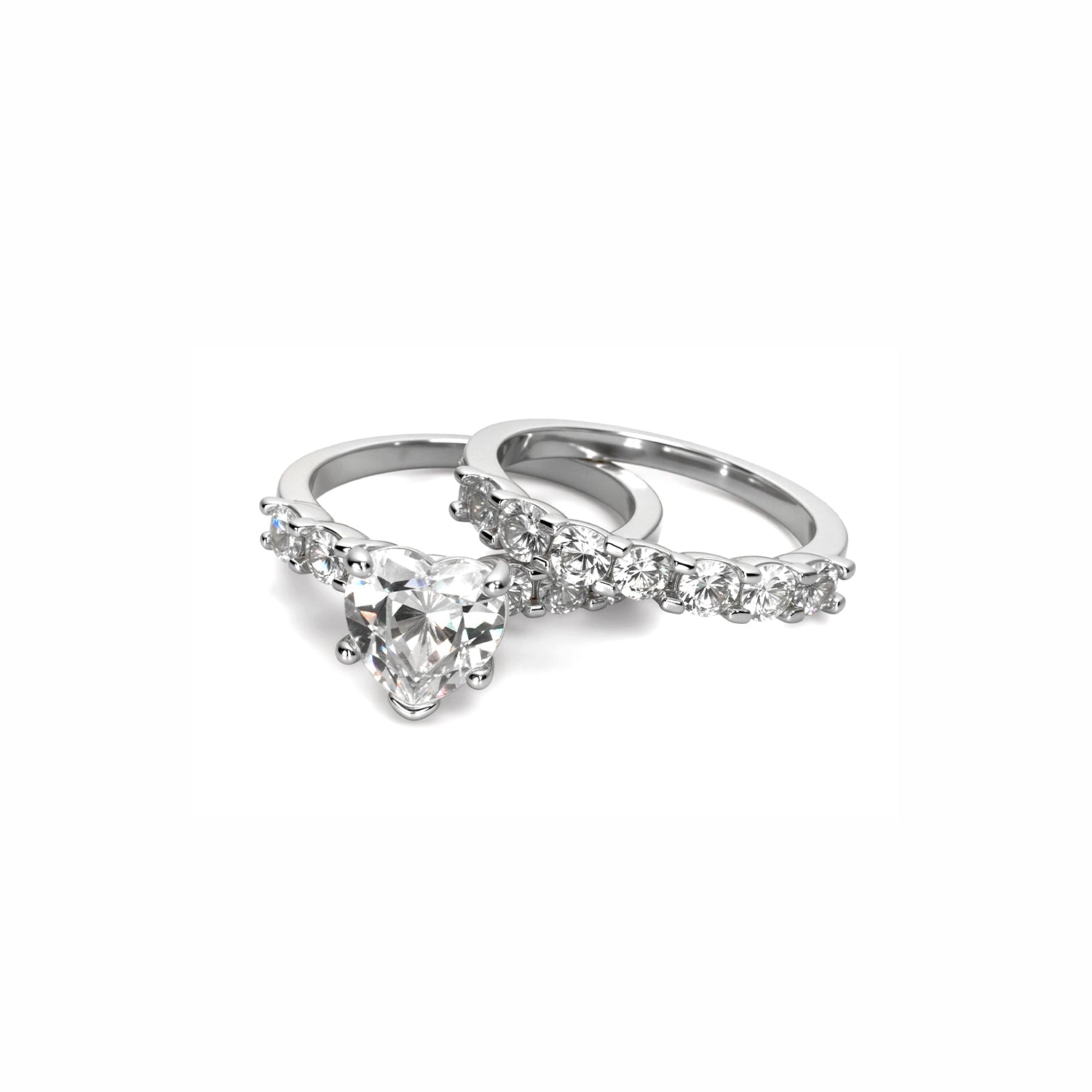 Heart-Shaped Diamond Ring Set – Solitaire Engagement Ring with Matching Pavé Band