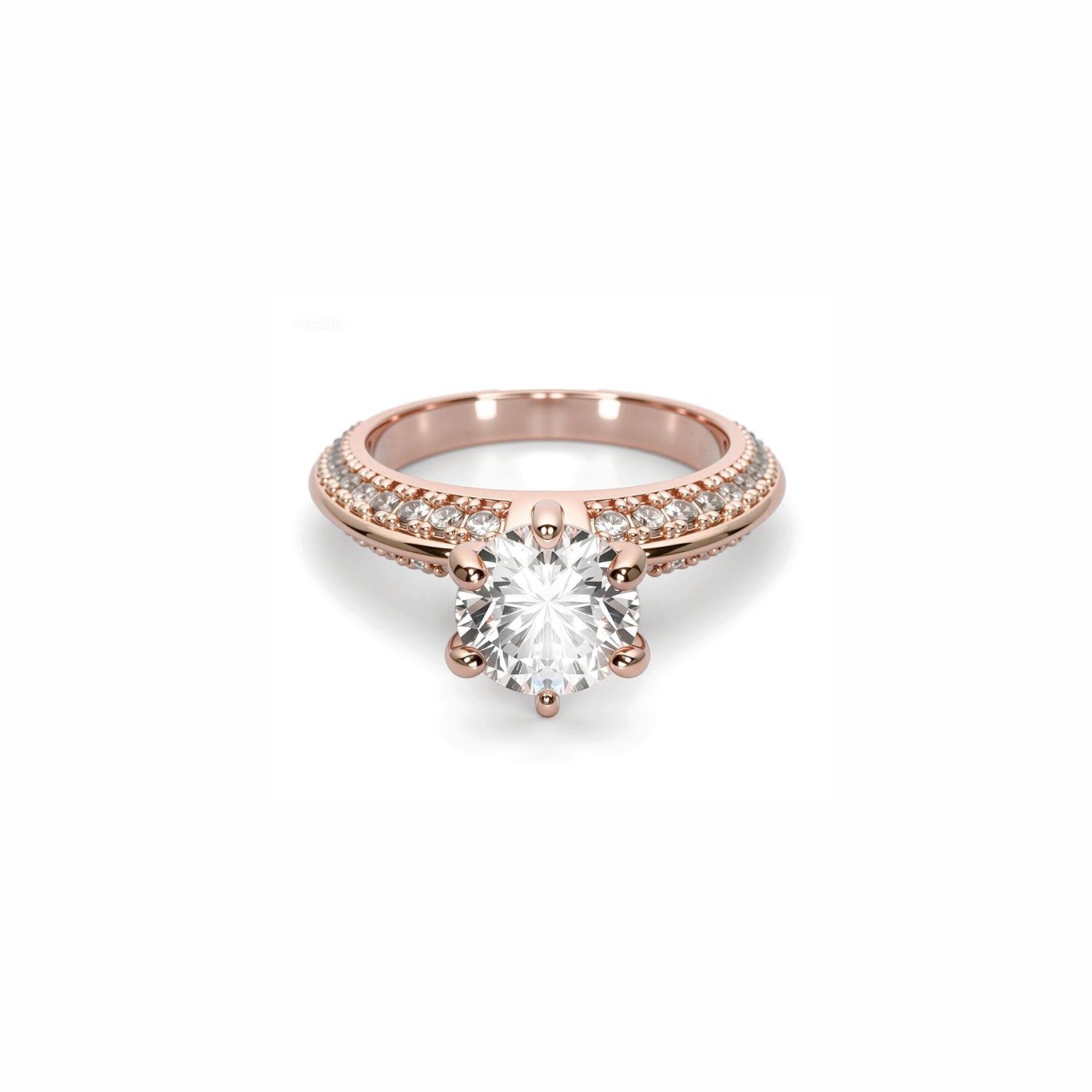Round-Cut Diamond Ring – Six-Prong Solitaire with Double Pavé Band