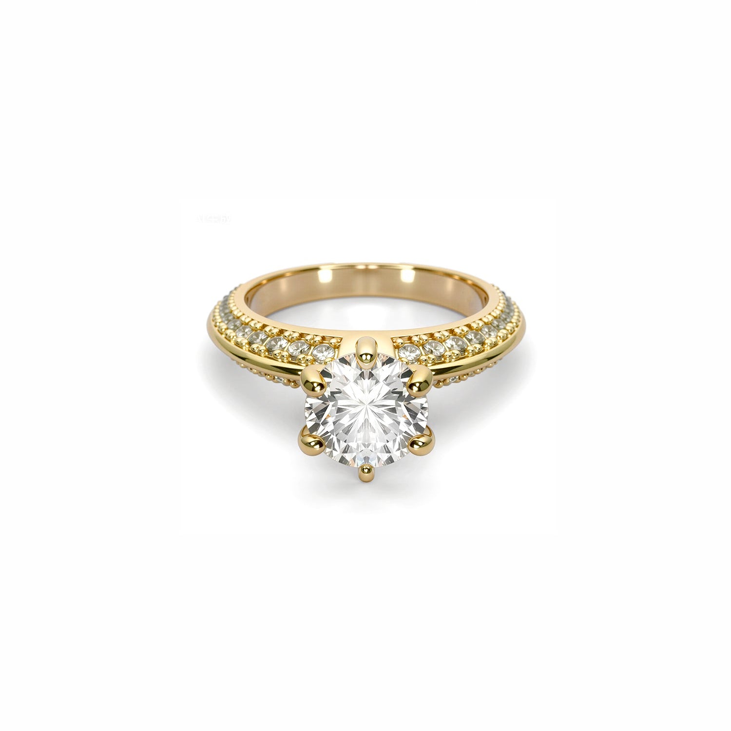 Round-Cut Diamond Ring – Six-Prong Solitaire with Double Pavé Band