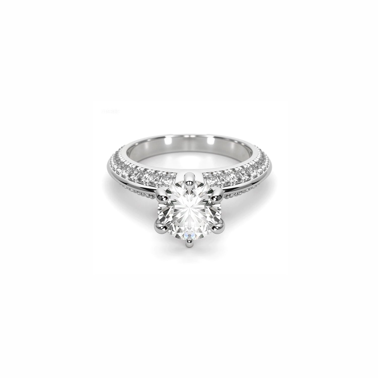 Round-Cut Diamond Ring – Six-Prong Solitaire with Double Pavé Band