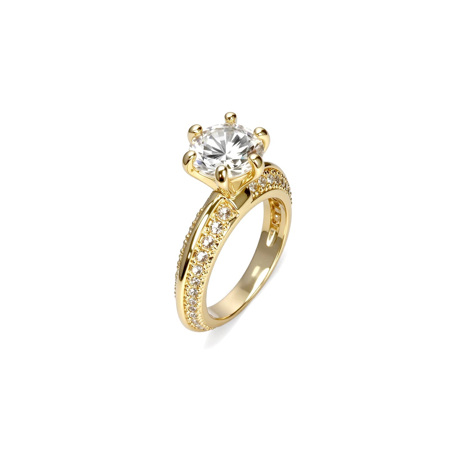 Round-Cut Diamond Ring – Six-Prong Solitaire with Double Pavé Band