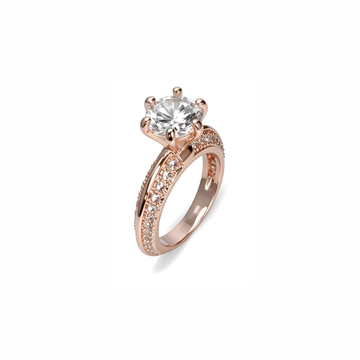 Round-Cut Diamond Ring – Six-Prong Solitaire with Double Pavé Band