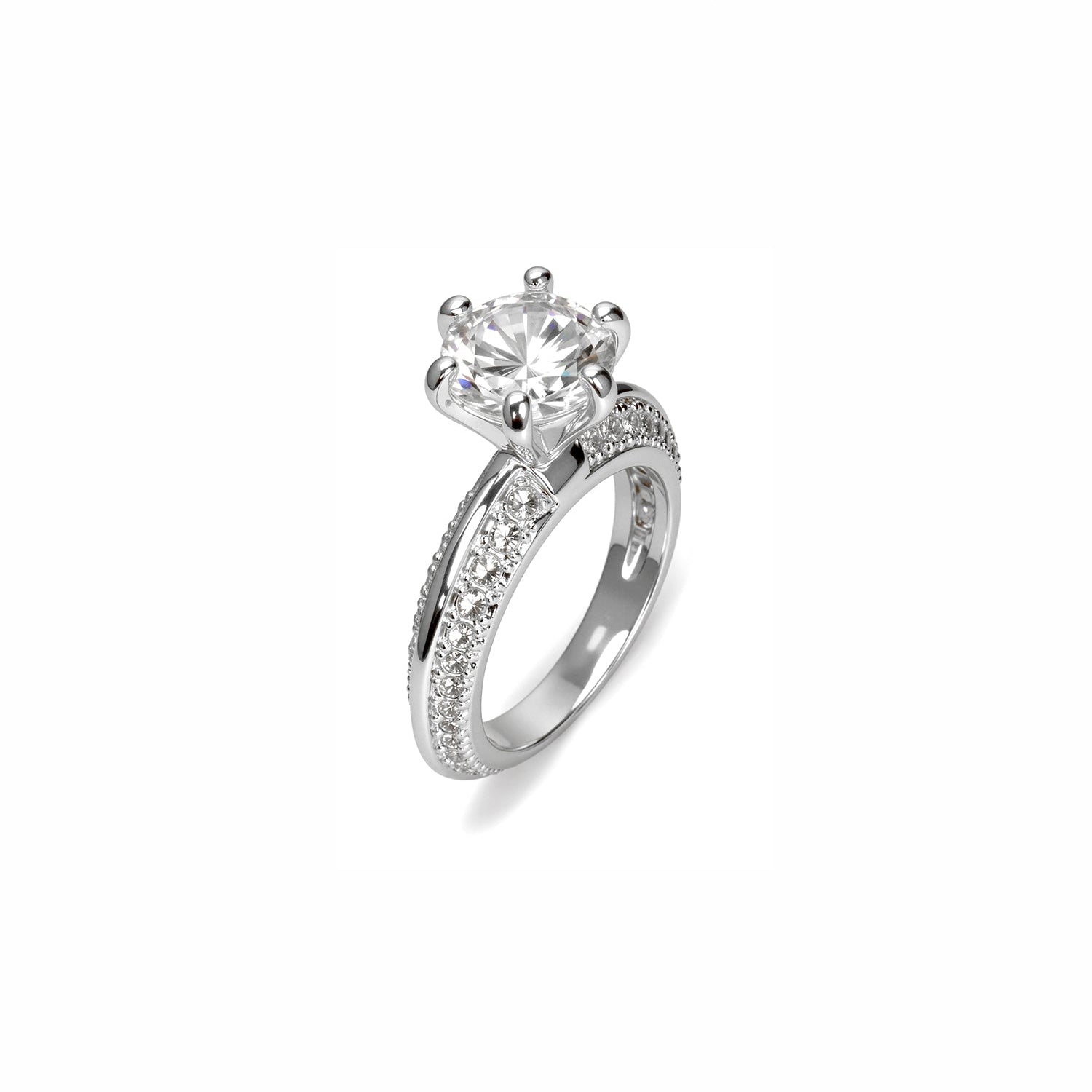 Round-Cut Diamond Ring – Six-Prong Solitaire with Double Pavé Band