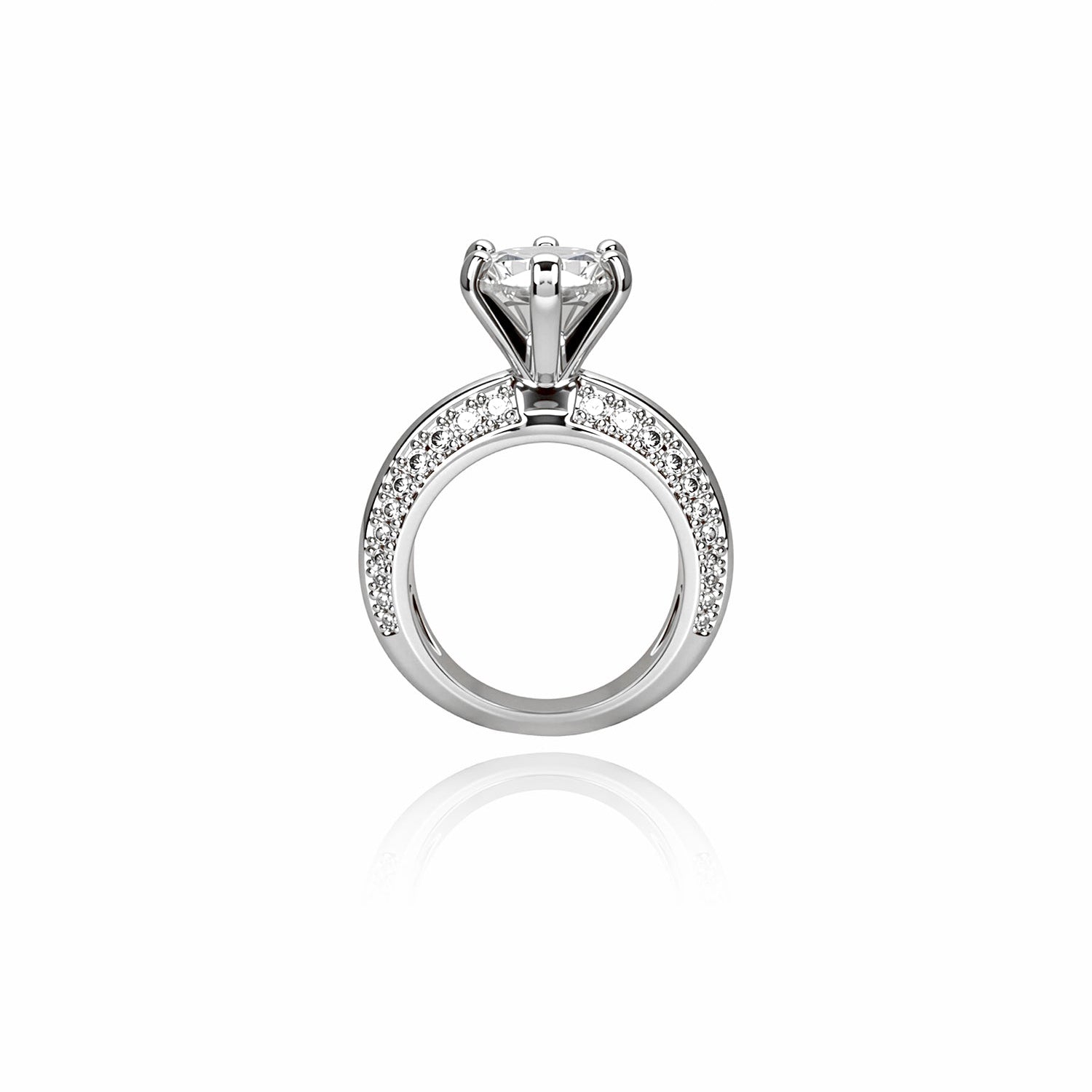 Round-Cut Diamond Ring – Six-Prong Solitaire with Double Pavé Band
