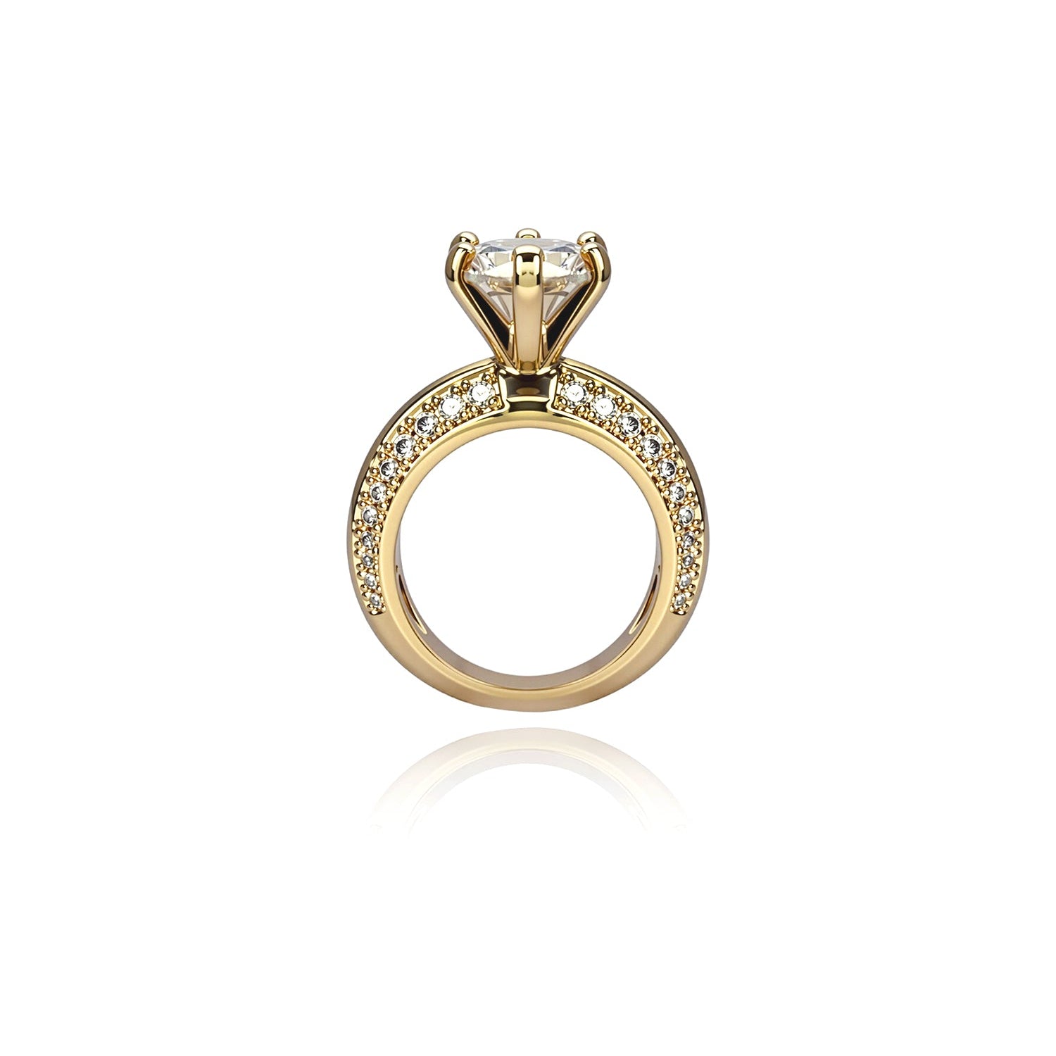 Round-Cut Diamond Ring – Six-Prong Solitaire with Double Pavé Band