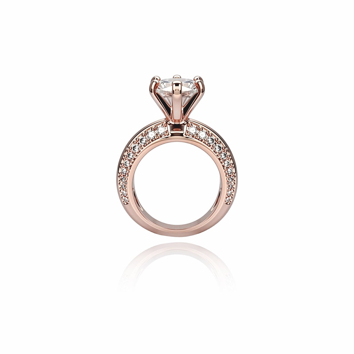 Round-Cut Diamond Ring – Six-Prong Solitaire with Double Pavé Band