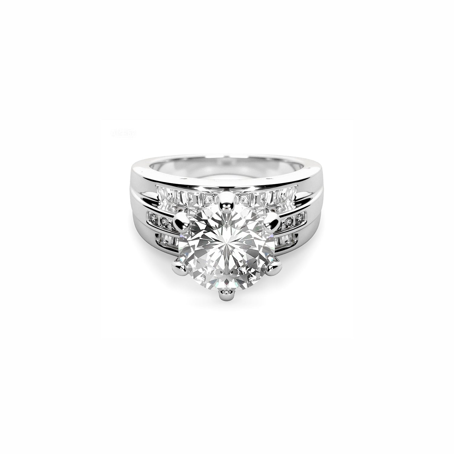 Round-Cut Diamond Ring – Six-Prong Solitaire with Pavé Band