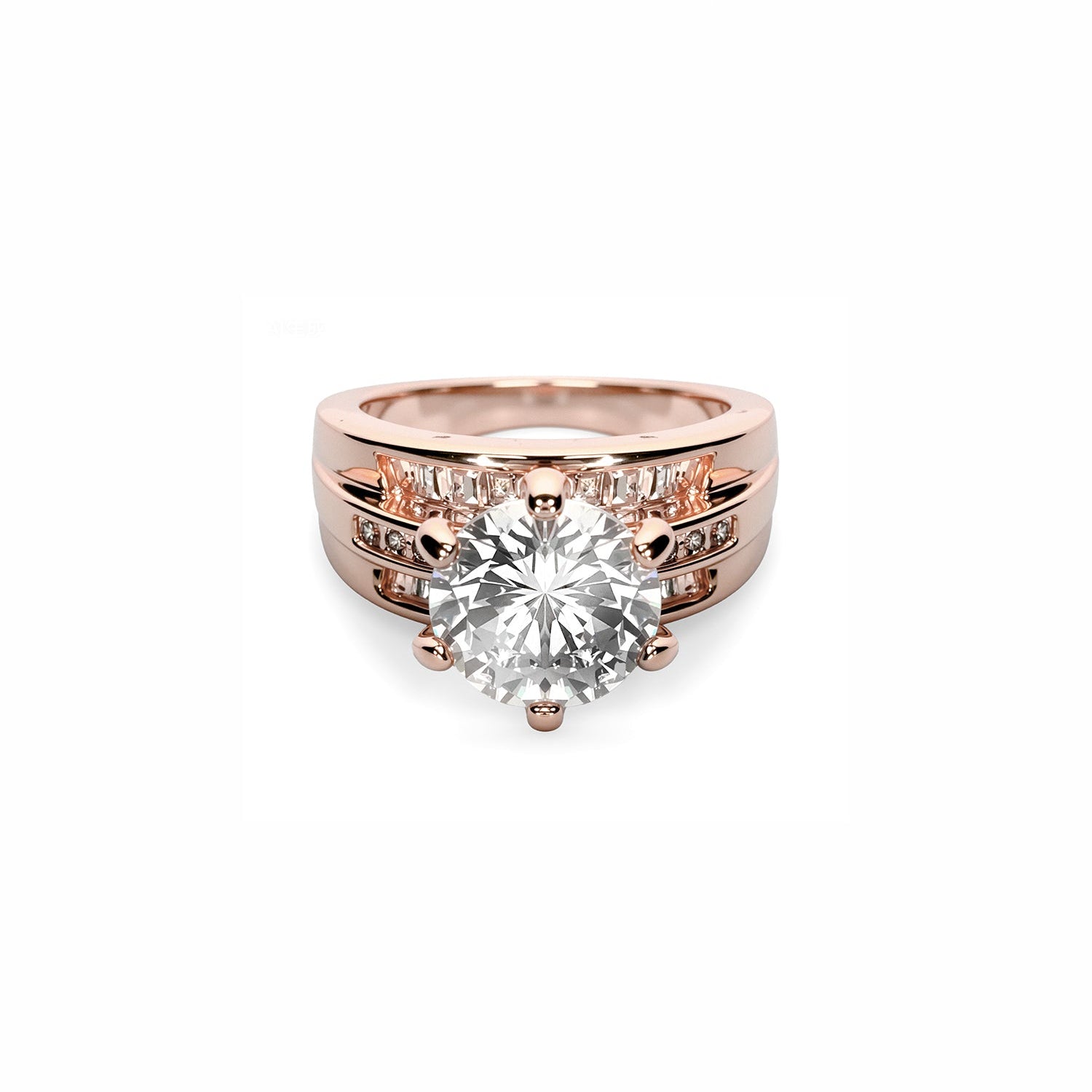 Round-Cut Diamond Ring – Six-Prong Solitaire with Pavé Band