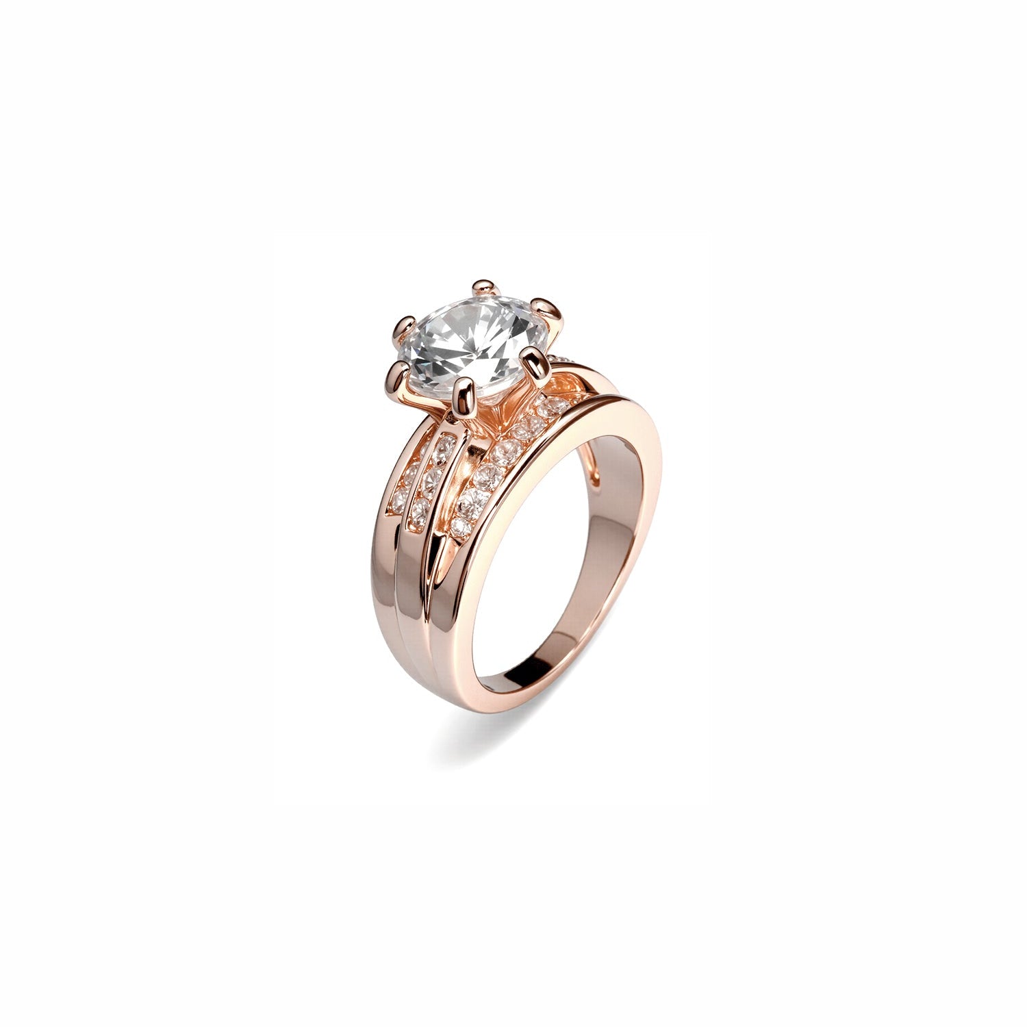 Round-Cut Diamond Ring – Six-Prong Solitaire with Pavé Band