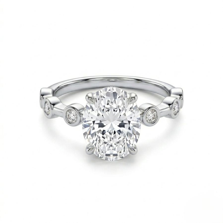 Oval Center Lab Diamond Ring – Classic Four-Prong Setting with Accent Stones