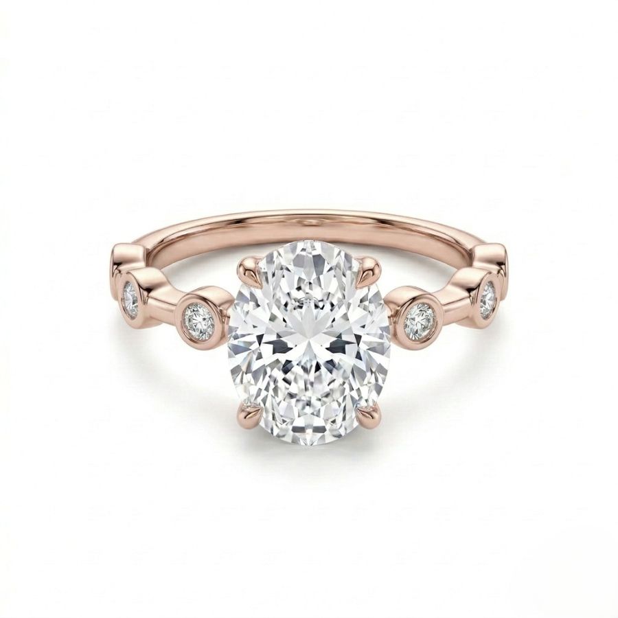 Oval Center Lab Diamond Ring – Classic Four-Prong Setting with Accent Stones
