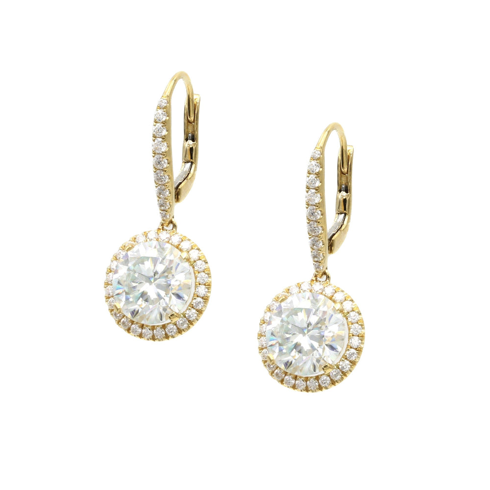 18K Yellow Gold Round Moissanite Halo Setting Drop Earrings
