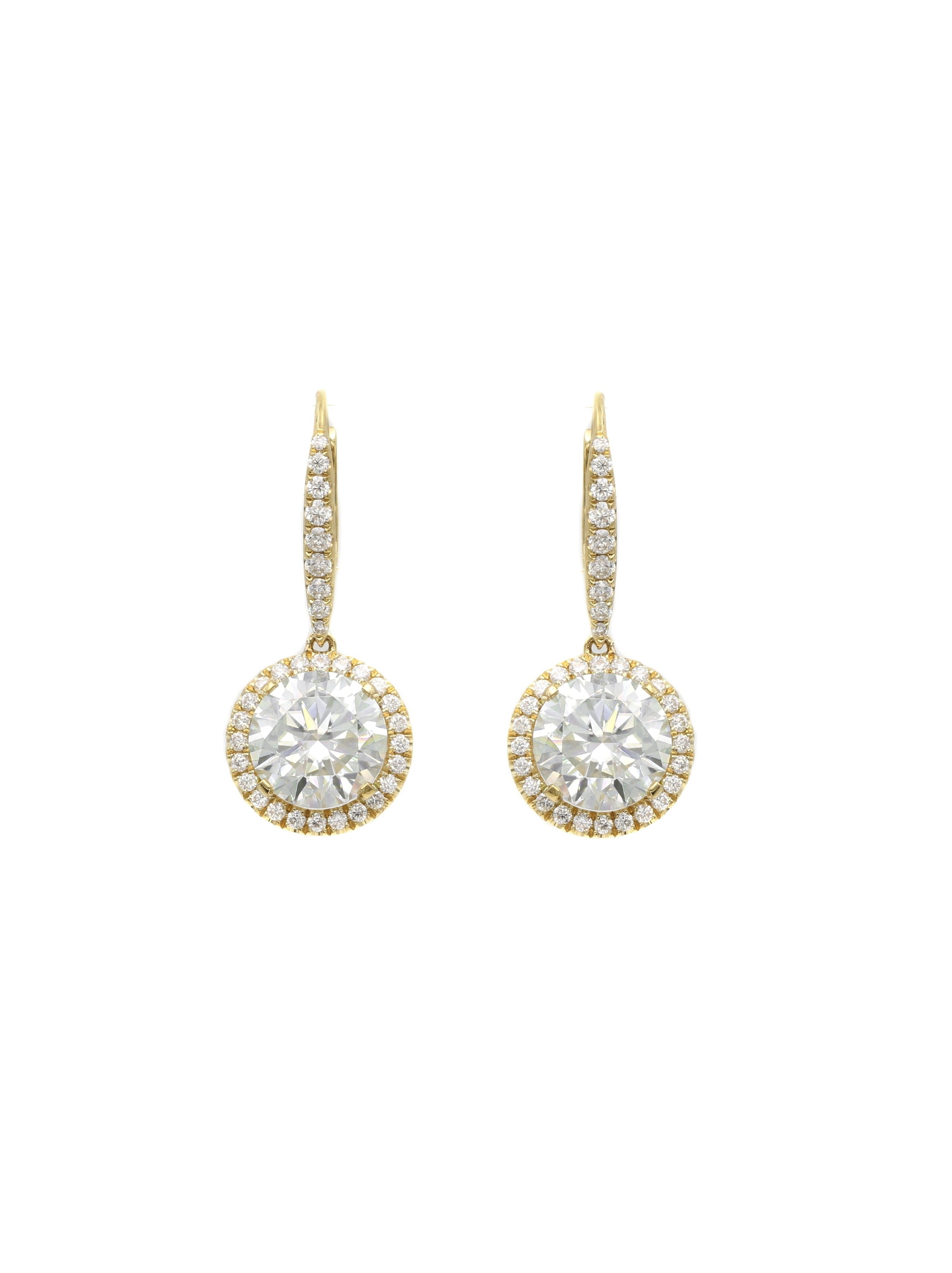 18K Yellow Gold Round Moissanite Halo Setting Drop Earrings