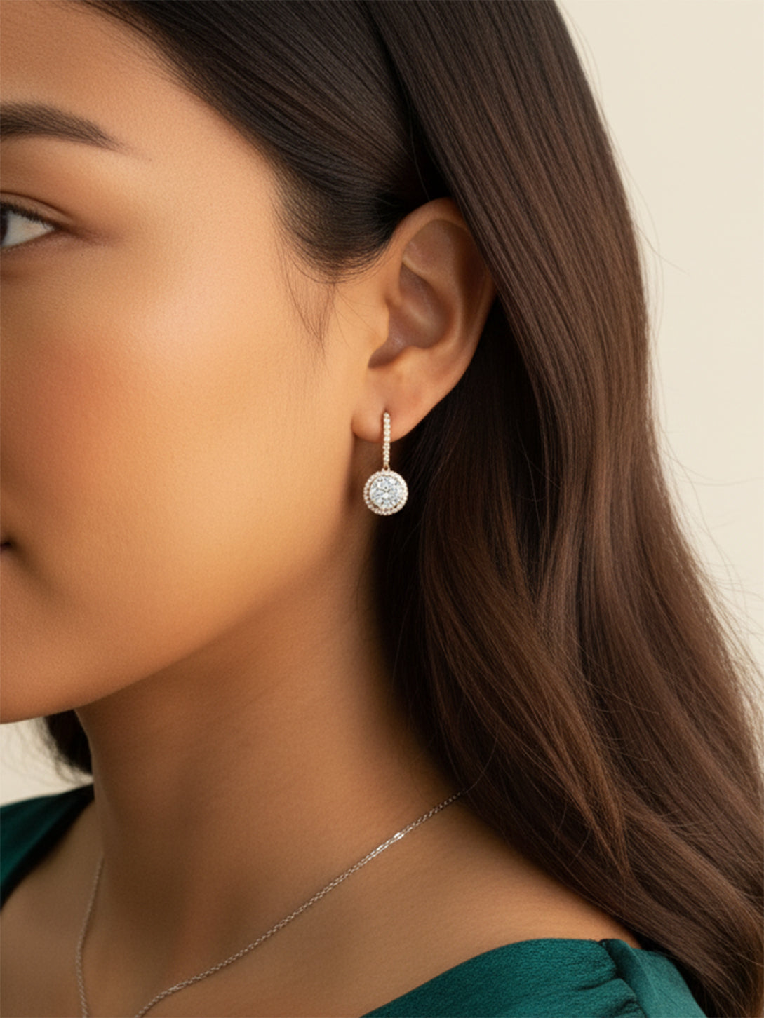 18K Yellow Gold Round Moissanite Halo Setting Drop Earrings