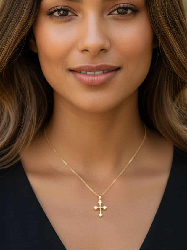 14K Solid Yellow Gold Natural Diamond Cross Pendant Necklace