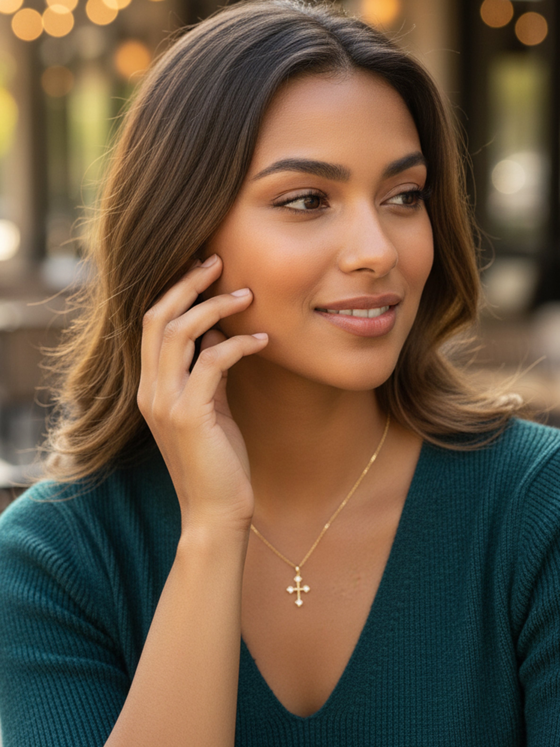 14K Solid Yellow Gold Natural Diamond Cross Pendant Necklace