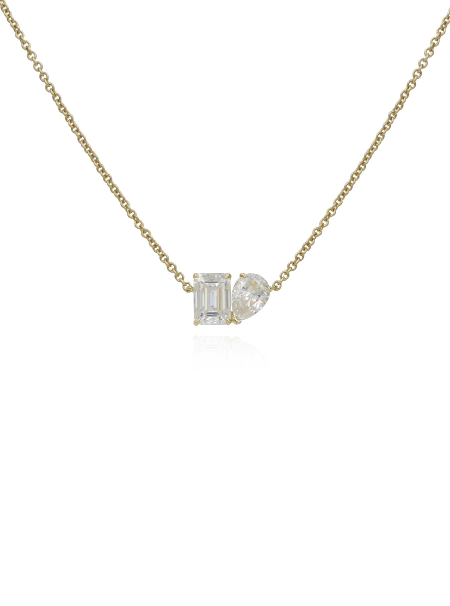 14K Solid Gold Toi et Moi Moissanite Pendant Necklace