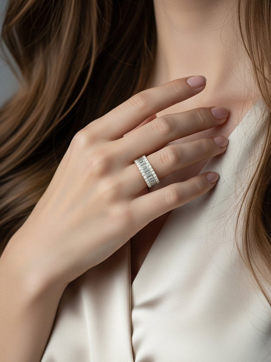 14K Gold 7.8Ctw. Emerald & Round Moissanite Band