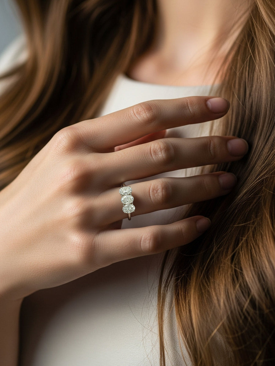 14K Gold 3.0Ctw. Oval Cut Moissanite 3-Stone Ring