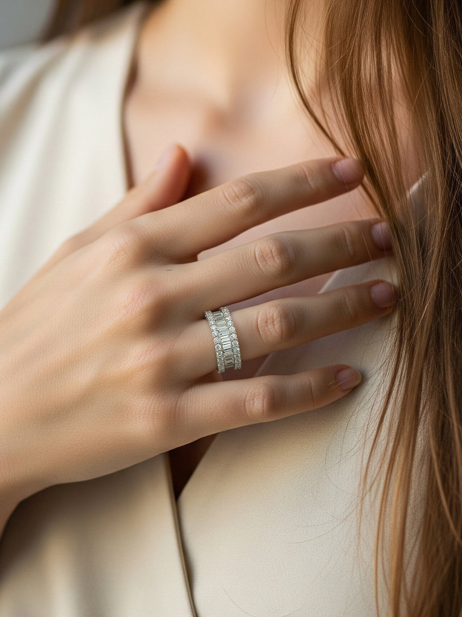 14K Gold Emerald & Round Cut Moissanite Band