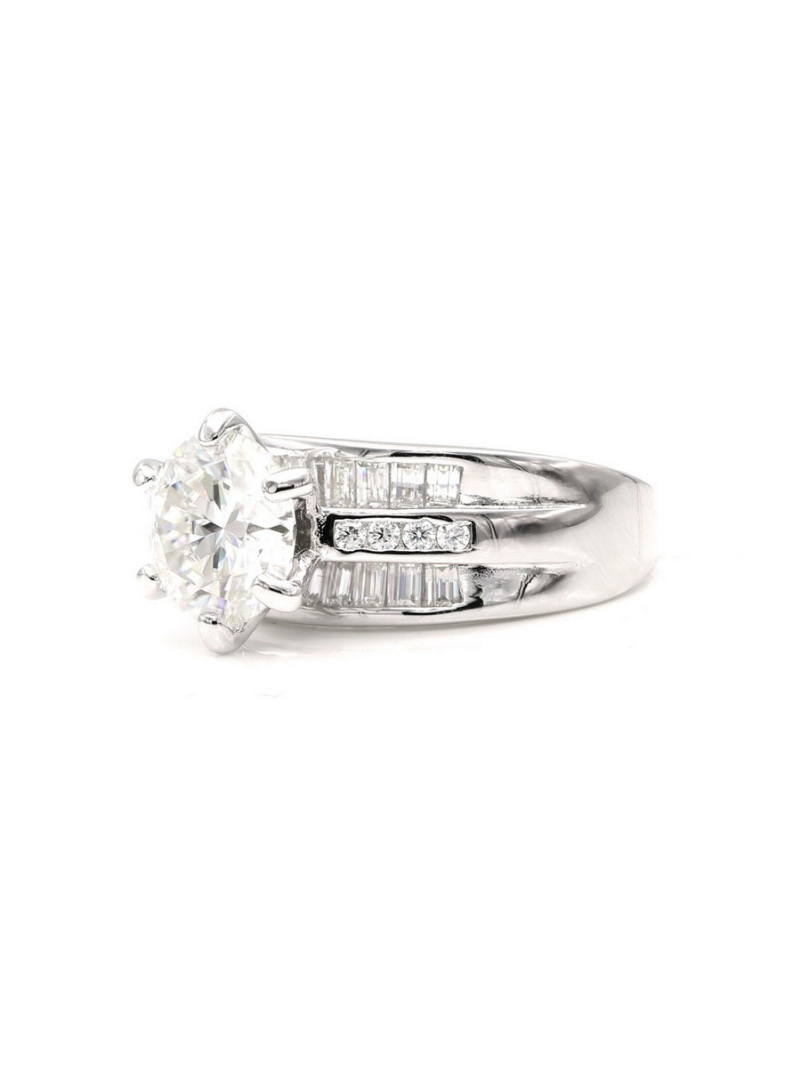 925 Silver Round & Baguette Moissanite Ring