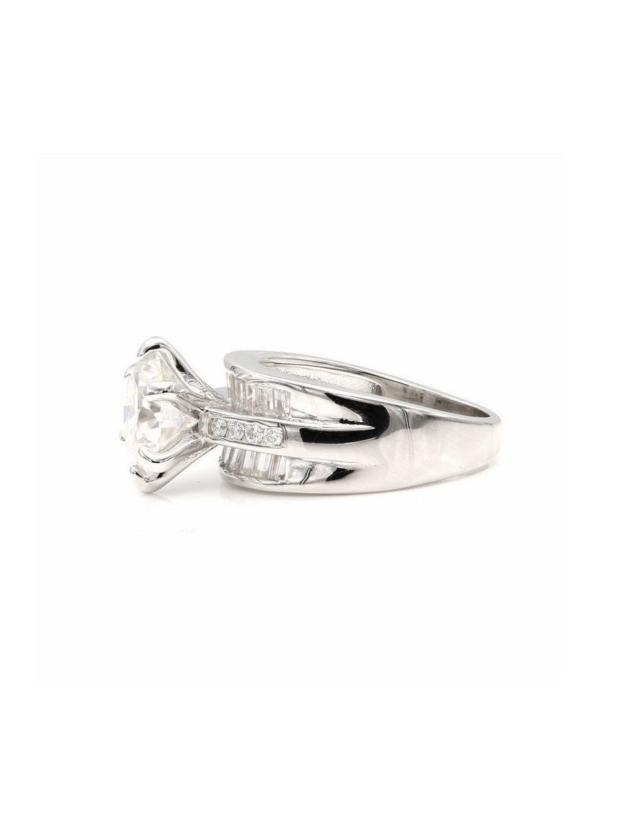 925 Silver Round & Baguette Moissanite Ring