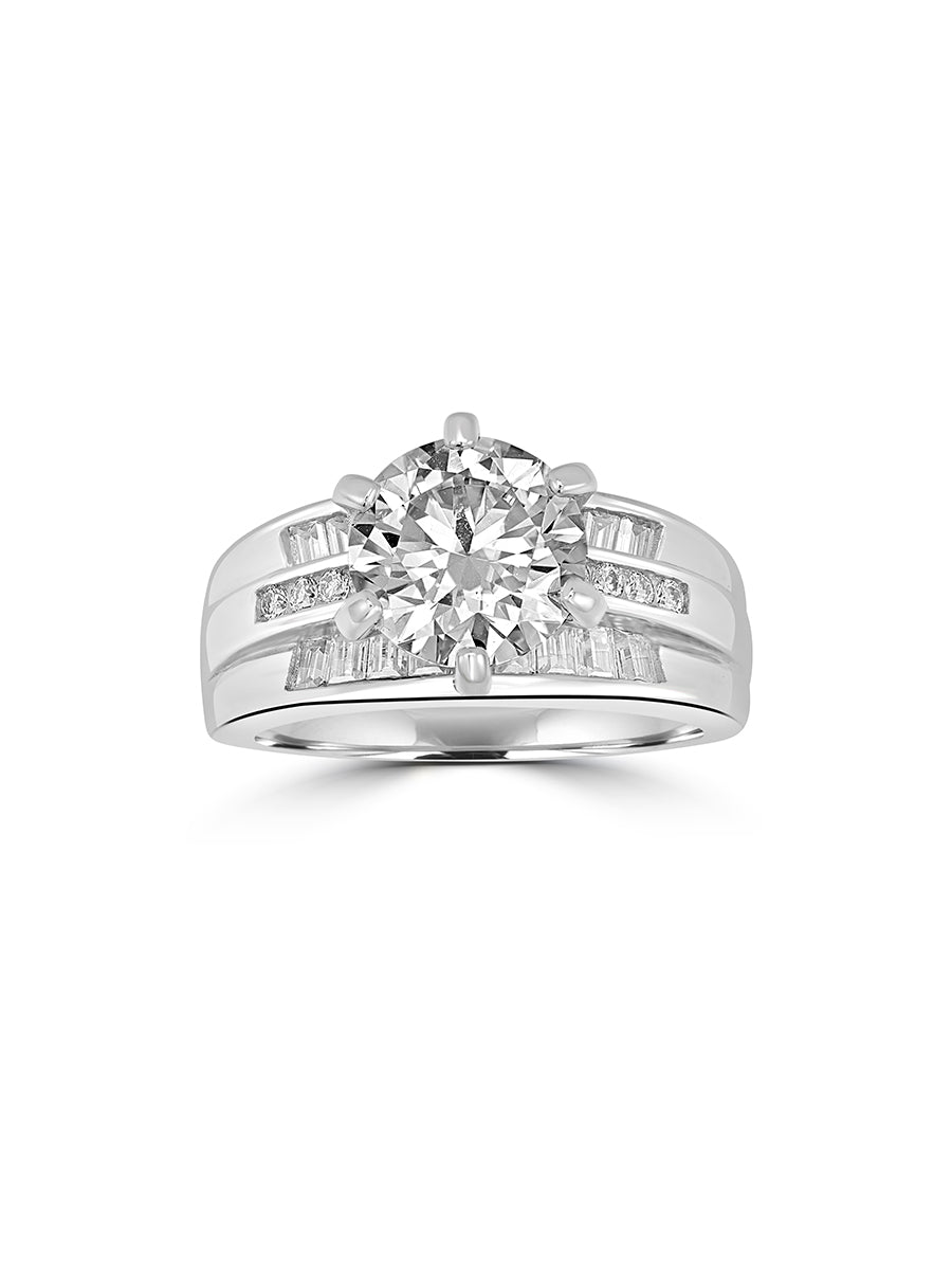 925 Silver Round & Baguette Moissanite Ring