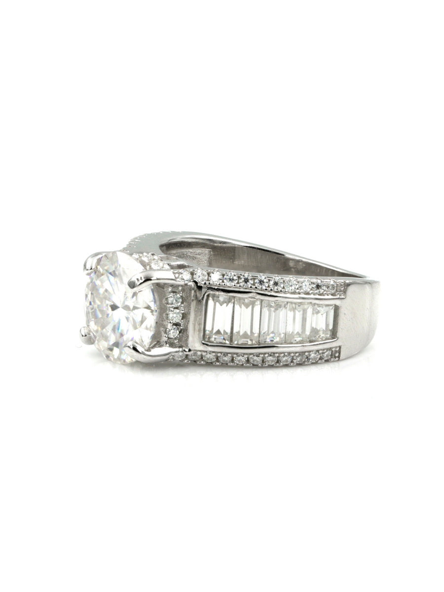 925 Silver Bold Round and Baguette Engagement Ring
