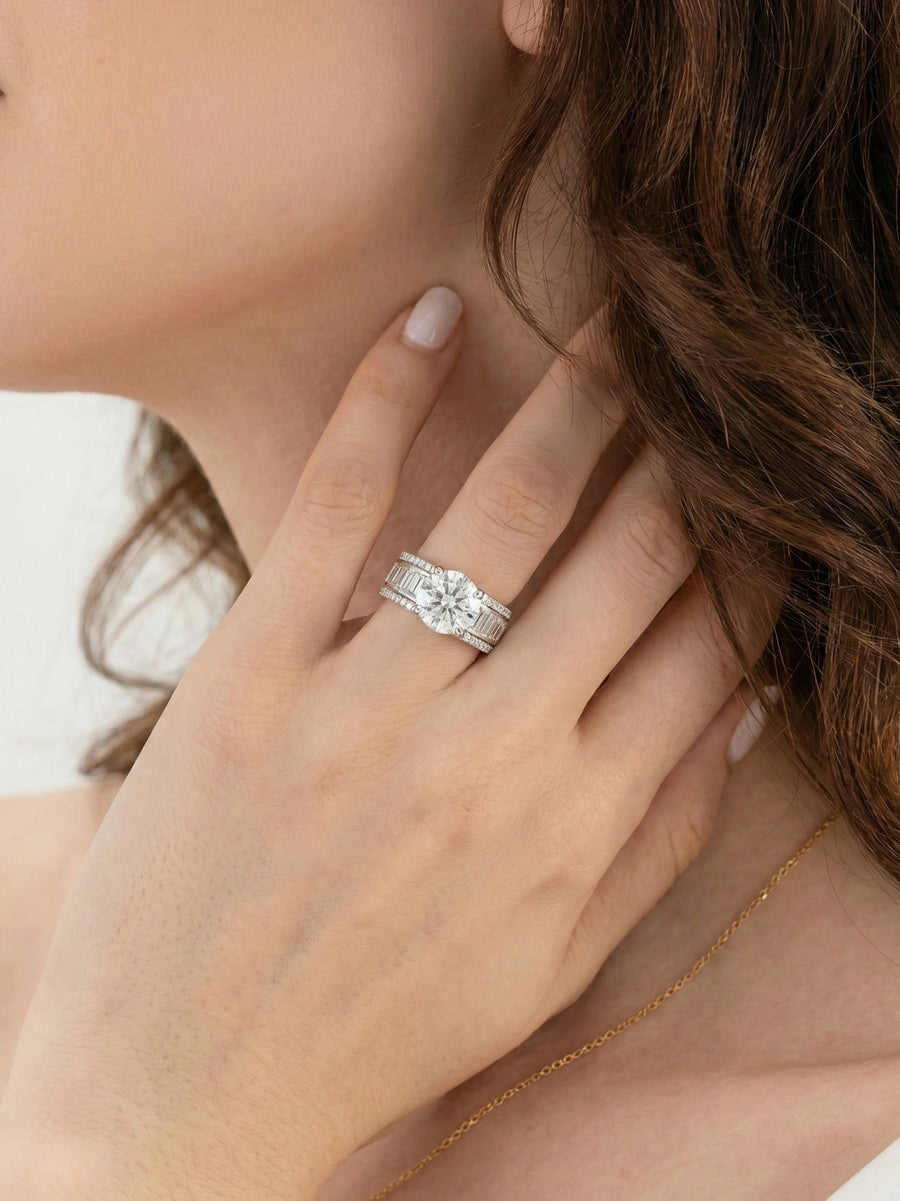 925 Silver Bold Round and Baguette Engagement Ring