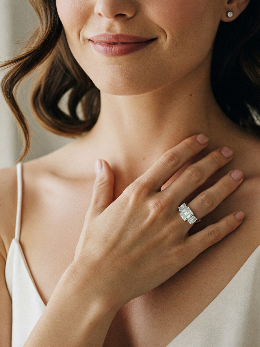 925 Silver 6.0Ctw. Emerald-Cut Three Stone Moissanite Ring