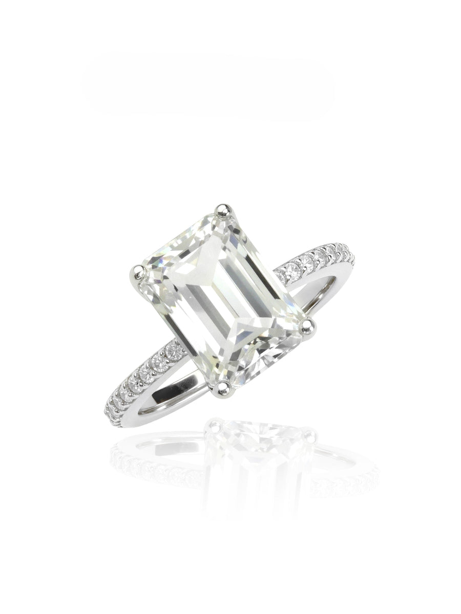 925 Silver 4.42Ctw. Emerald Cut Moissanite Side-Stone Engagement Ring