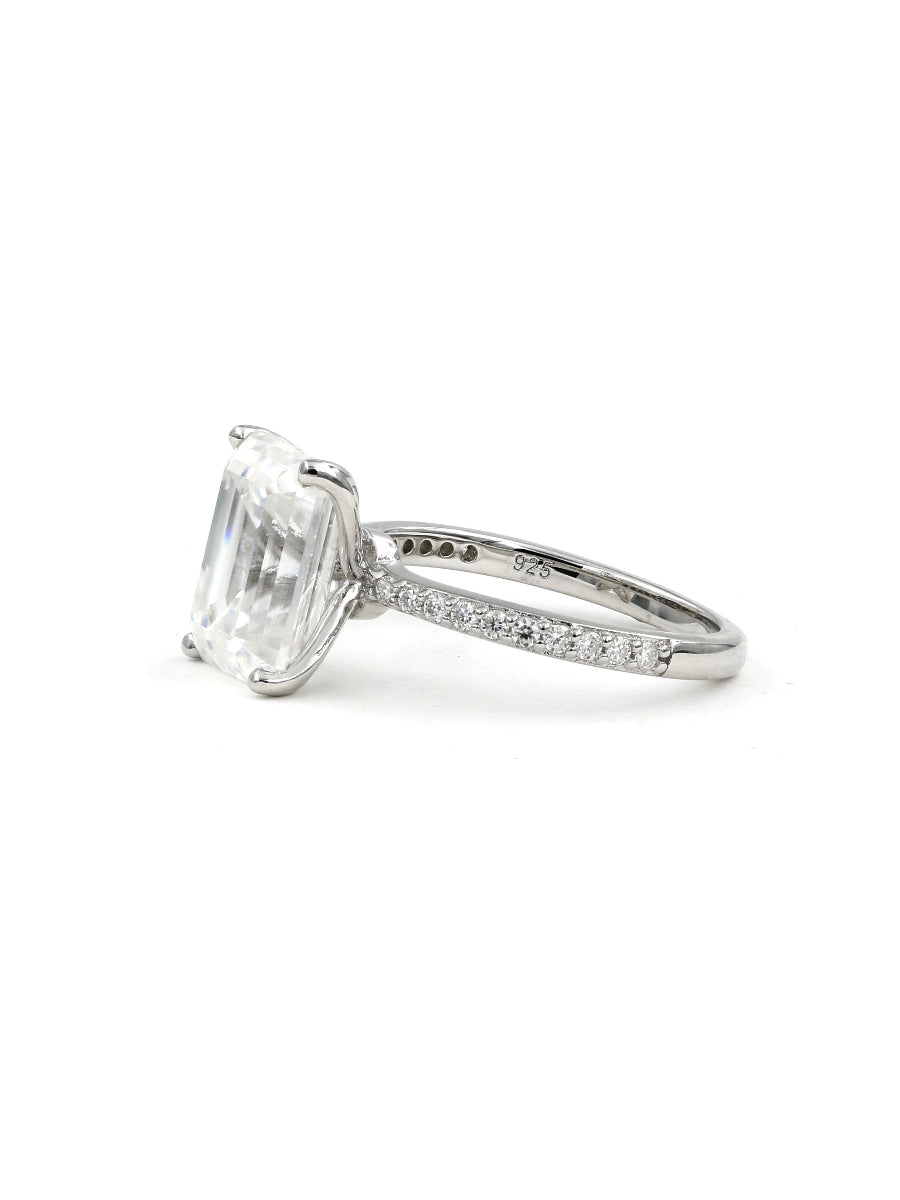 925 Silver 4.42Ctw. Emerald Cut Moissanite Side-Stone Engagement Ring